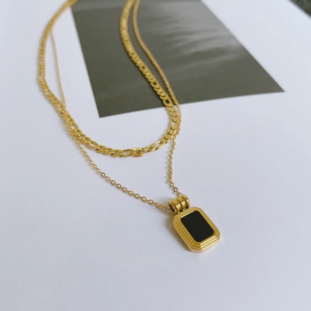 Mother of pearl pendant necklace, double layered necklace, figaro chain necklace